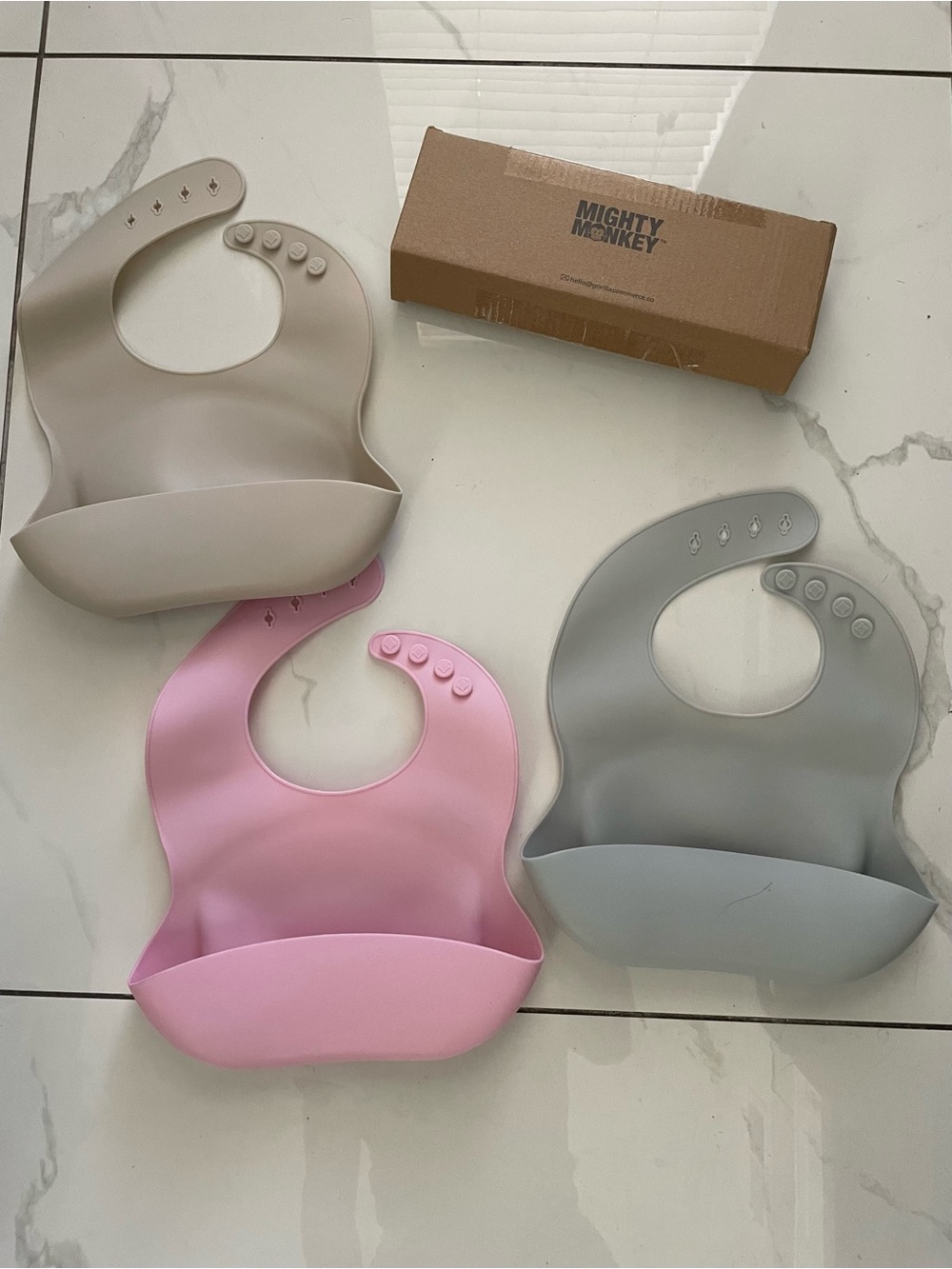 Mighty Monkey Silicone Baby Bibs - Pink, Gray, Cream - Pack of 3